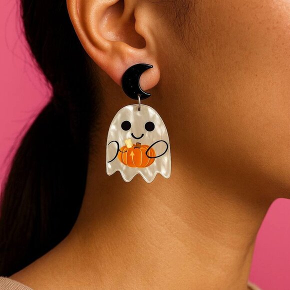 Ghost Pumpkin Earrings — Cute Halloween Fall Dangle Spooky Jewelry Kawaii - Picture 2 of 4
